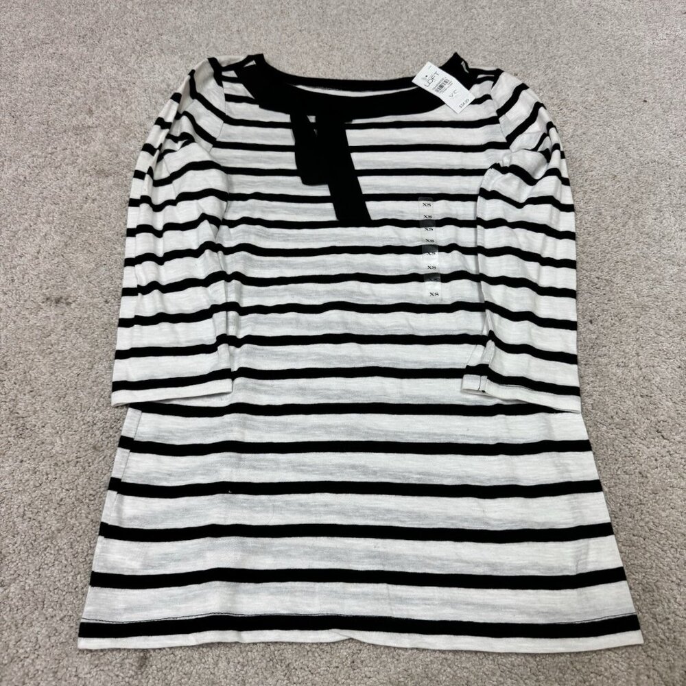 Loft Blouse Women’s Black White Striped Half Sleeve Size XS NWT